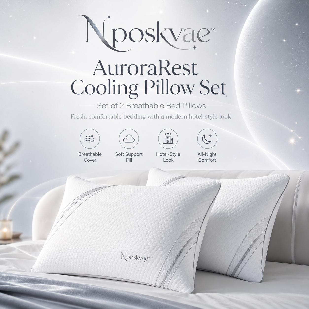 Nposkvae⢠AuroraRest Cooling Pillow Set of 2 - Breathable Standard Hotel Style Bed Pillows