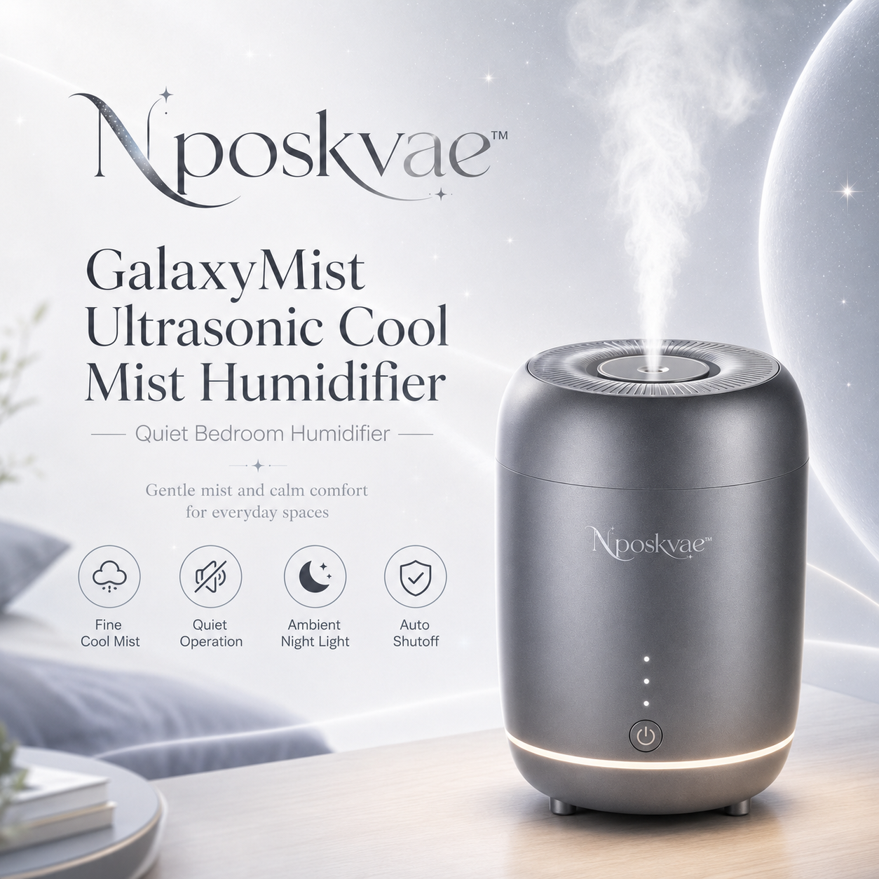 Nposkvae⢠GalaxyMist Ultrasonic Cool Mist Humidifier - Quiet Bedroom Office Mist Diffuser