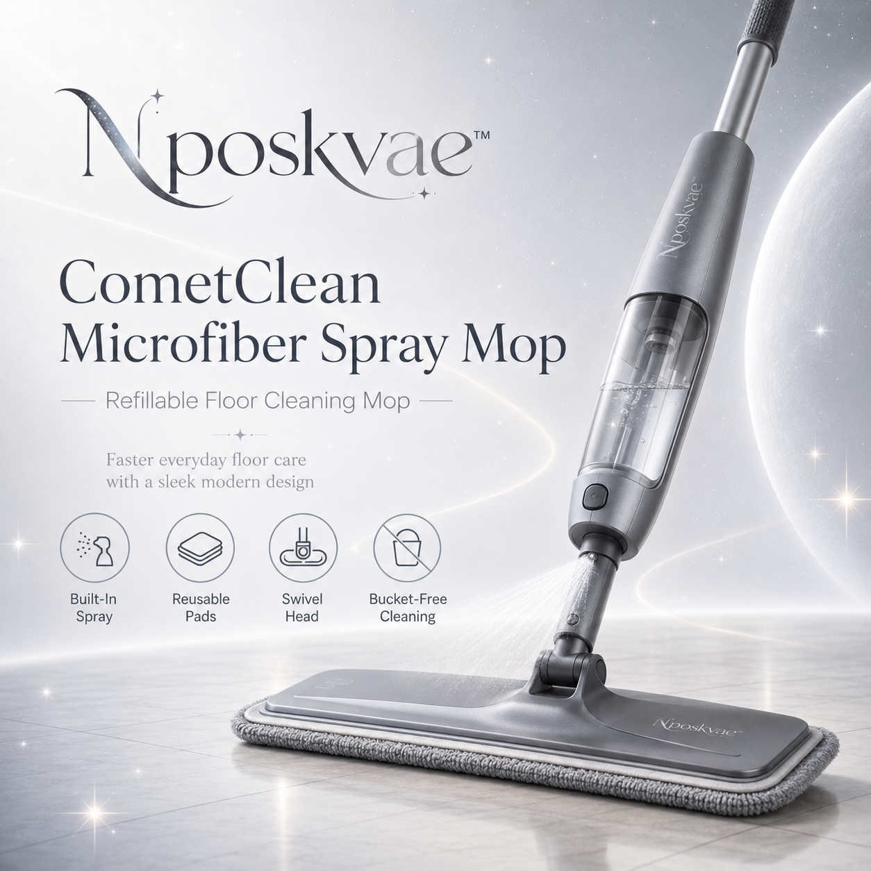 Nposkvae⢠CometClean Microfiber Spray Mop - Refillable Hardwood Tile Floor Mop with Washable Pads