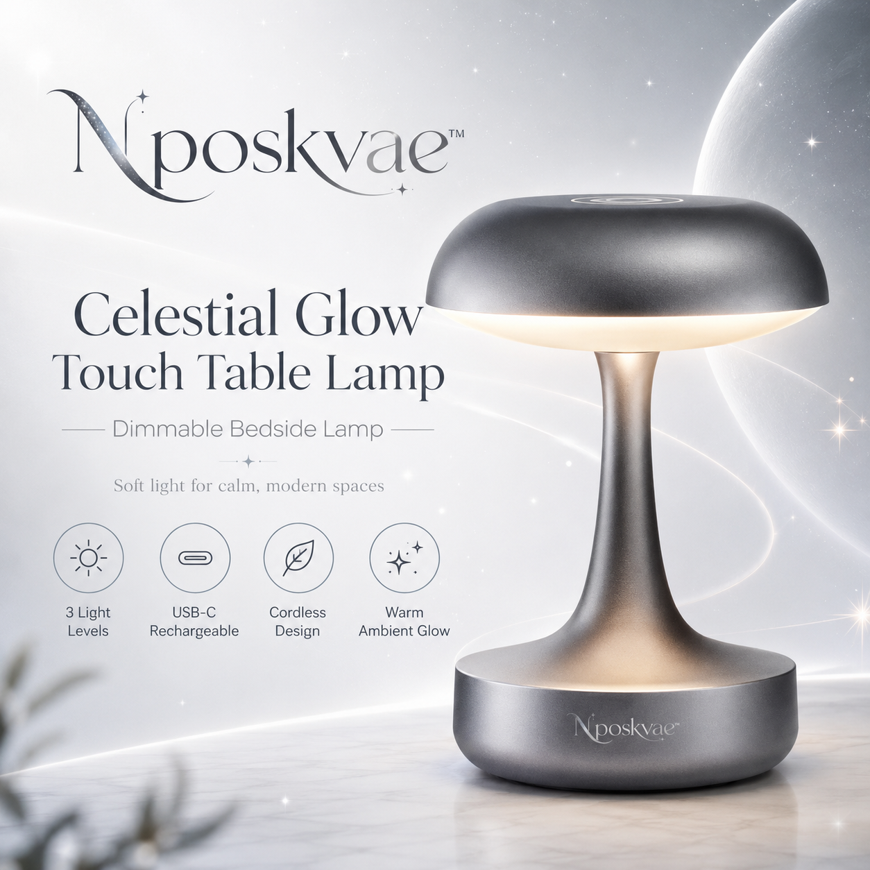 Nposkvae™ Celestial Glow Touch Table Lamp - Dimmable USB-C Rechargeable Bedside Desk Light