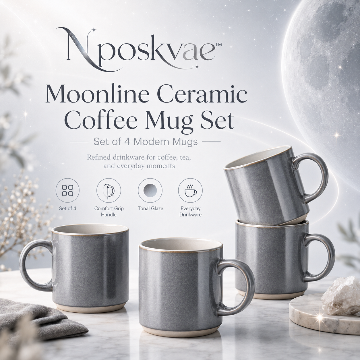 Nposkvae™ Moonline Ceramic Coffee Mug Set of 4 - Modern Large Tea Cups and Kitchen Drinkware