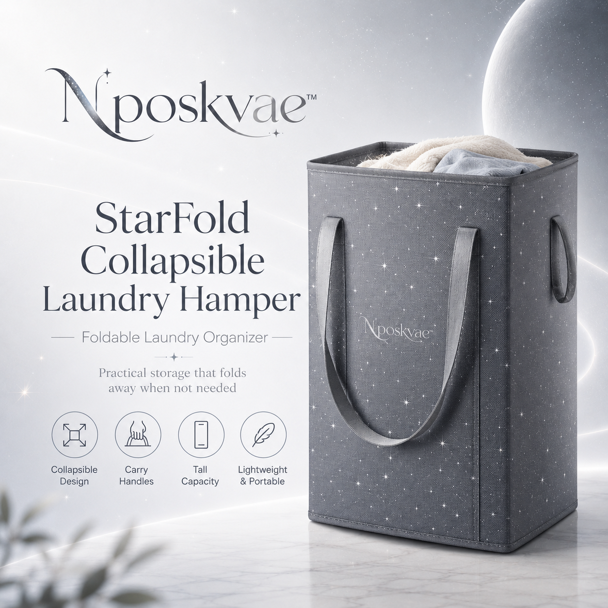 Nposkvae™ StarFold Collapsible Laundry Hamper - Large Foldable Clothes Basket with Handles