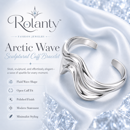 Rolanty™ Silver Cuff Bracelet for Women, Sculptural Wave Bangle, Open Adjustable Bracelet, Modern Statement Costume Jewelry
