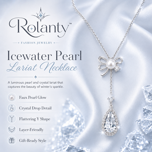 Rolanty™ Pearl Lariat Necklace for Women, Silver Y Necklace, Icy Crystal Pendant Jewelry, Minimalist Bridal Necklace Gift
