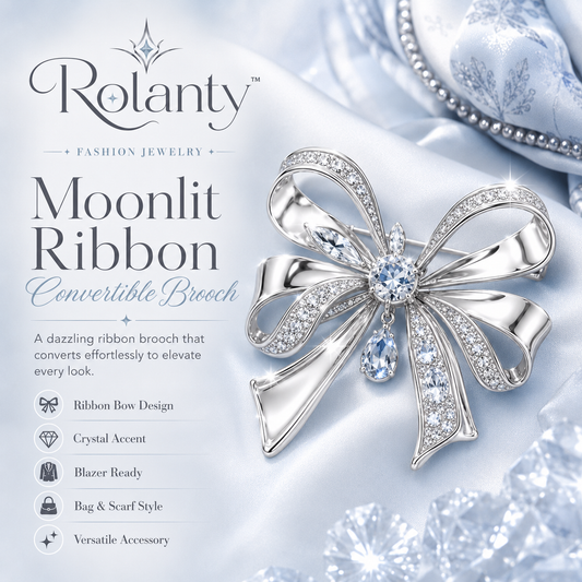 Rolanty™ Silver Crystal Bow Brooch Pin, Convertible Ribbon Brooch for Women, Blazer Bag Scarf Jewelry Accessory Gift